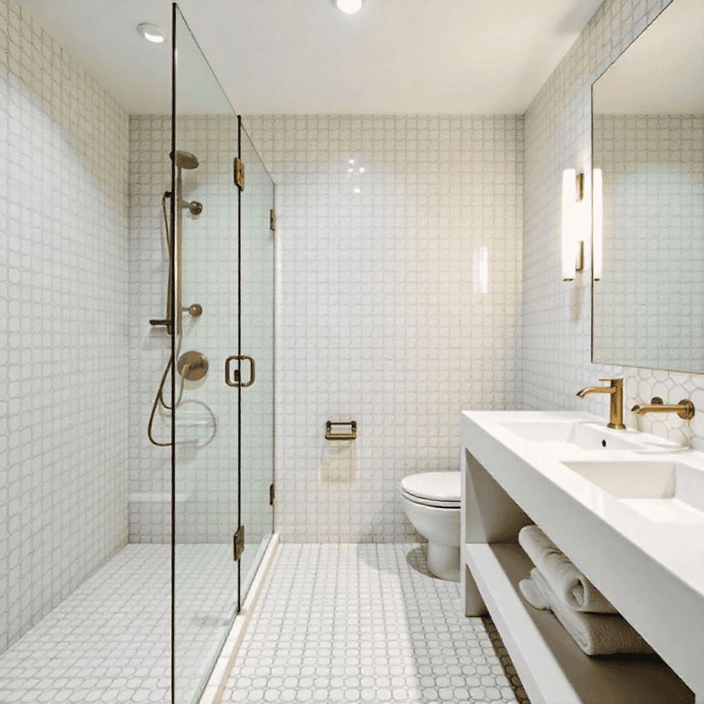 Bathroom with terrazzo surfaces, brass fixtures, and ambient lighting