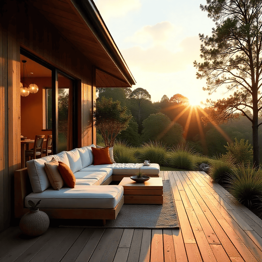 Outdoor entertaining deck with timber flooring and modern seating